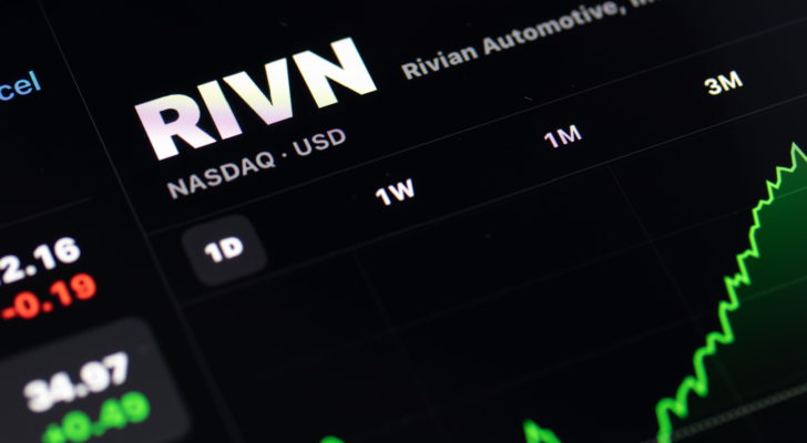 The Rivian Automotive, Inc, RIVN, on the New York Stock Exchange (NYSE) is seen on a screen, viewing the stock price for the electric vehicle manufacturer.