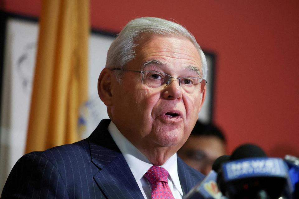 PHOTO: U.S. Senator Robert Menendez, D-N.J., delivers remarks after he and his wife Nadine Menendez were indicted on bribery offenses, Sept. 25, 2023, in Union City, N.J. (Mike Segar/Reuters)