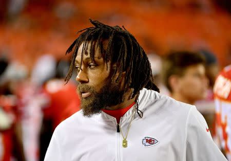 Aug 30, 2018; Kansas City, MO, USA; Kansas City Chiefs defensive back Eric Berry (29) watches the game on the sidelines during the second half against the Green Bay Packers at Arrowhead Stadium. Mandatory Credit: Denny Medley-USA TODAY Sports