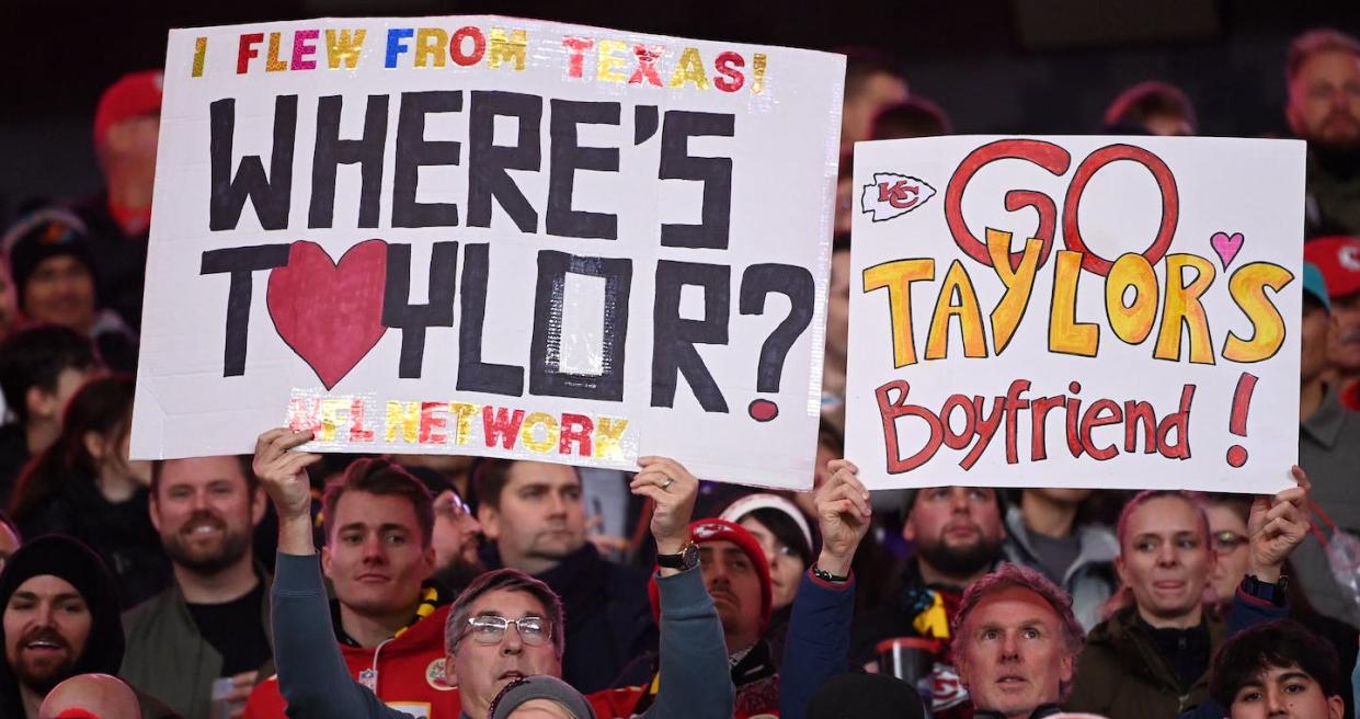 The stands at Kansas City Chiefs games look different than they used to. <a href="https://www.gettyimages.com/detail/news-photo/fans-hold-up-placards-referring-to-taylor-swifts-boyfriend-news-photo/1764920016" rel="nofollow noopener" target="_blank" data-ylk="slk:Kirill Kudryavtsev/AFP/Getty Images;elm:context_link;itc:0;sec:content-canvas" class="link ">Kirill Kudryavtsev/AFP/Getty Images</a>