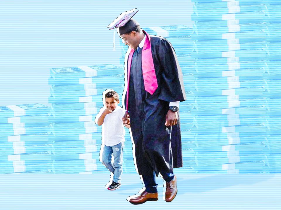 Cost of Inequity (Student Loan Edition) Adult male graduate walking with son