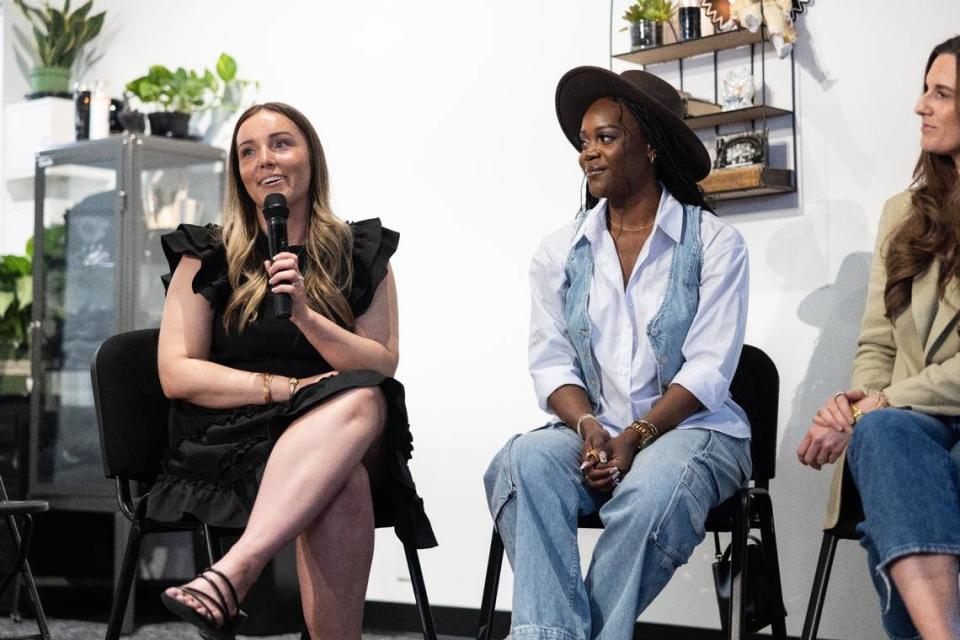 Jensen Savannah, left, speaks during A Night of Influence organized by The Charlotte Observer and hosted at Black Wednesday in Charlotte, N.C., on Wednesday, April 17, 2024. Amber Smith of Love is Blind, second from left, listens in.