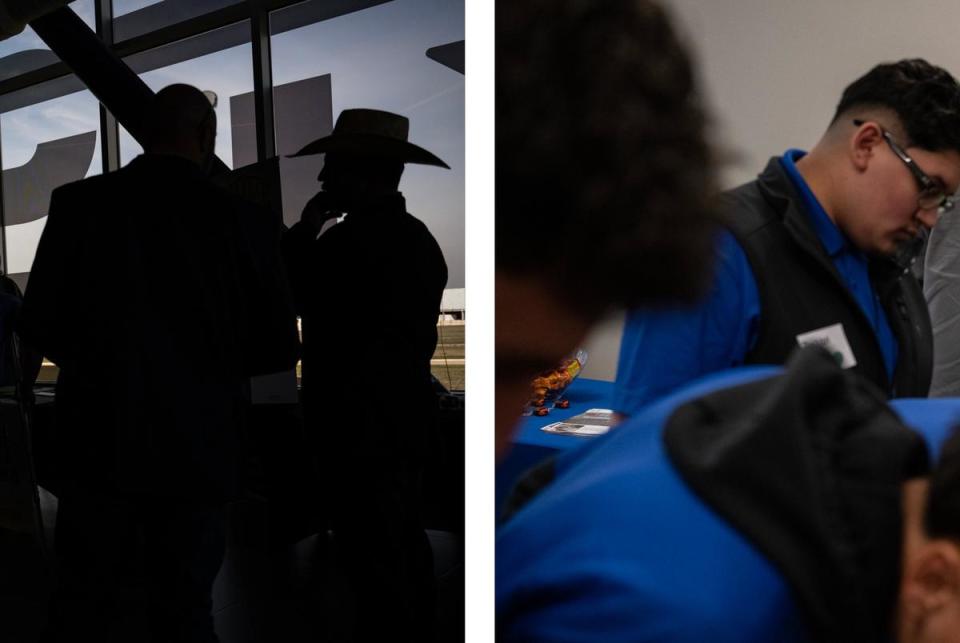 Left: Recruiters speak to job seekers during the job fair hosted by Texas State Technical College in Abilene. Right: NextEra Wind Site Manager Gus Saunders shakes hands with a job seeker during the job fair. Credit:
