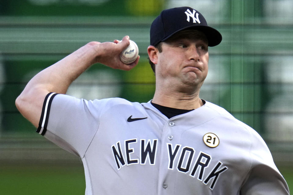 New York Yankees starting pitcher Gerrit Cole delivers during the first inning of the team's baseball game against the Pittsburgh Pirates in Pittsburgh, Friday, Sept. 15, 2023. (AP Photo/Gene J. Puskar)