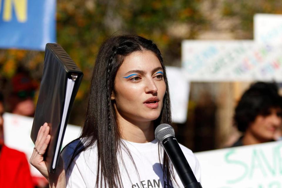 Isabelle Boemeke is founder of the Save Clean Energy group that held a rally to keep Diablo Canyon from closing, on Saturday, Dec. 4, 2021, in San Luis Obispo.