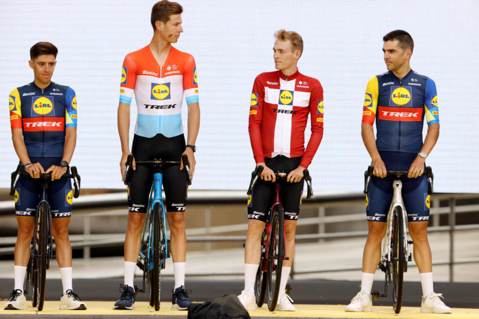 BILBAO SPAIN  JUNE 29 LR Juan Pedro Lopez of Spain Alex Kirsch of Luxembourg Mattias Skjelmose Jensen of Denmark and Tony Gallopin of France and Team LidlTrek during the team presentation of the 110th Tour de France 2023 at the Guggenheim Museum Bilbao  UCIWT  on June 29 2023 in Bilbao Spain Photo by Michael SteeleGetty Images