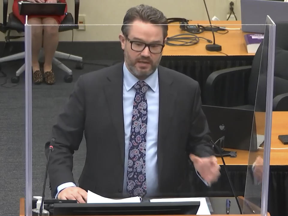 In this image from video, defense attorney Eric Nelson, speaks as Hennepin County Judge Peter Cahill presides during opening statements, Monday, March 29, 2021, in the trial of former Minneapolis police officer Derek Chauvin, in the May 25, 2020, death of George Floyd at the Hennepin County Courthouse in Minneapolis, Minn. (Court TV via AP, Pool)