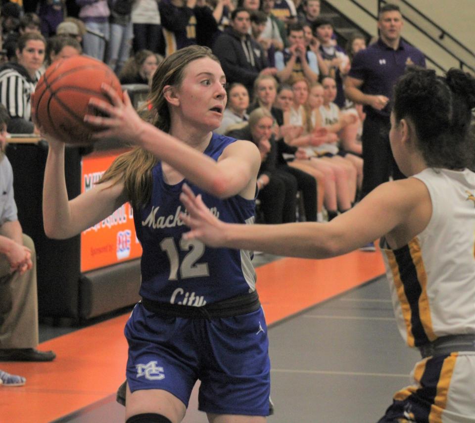 Mackinaw City senior Larissa Huffman (12) recently earned a spot on the All-Northern Lakes Conference girls basketball first team. Huffman was also named the conference's Player of the Year.