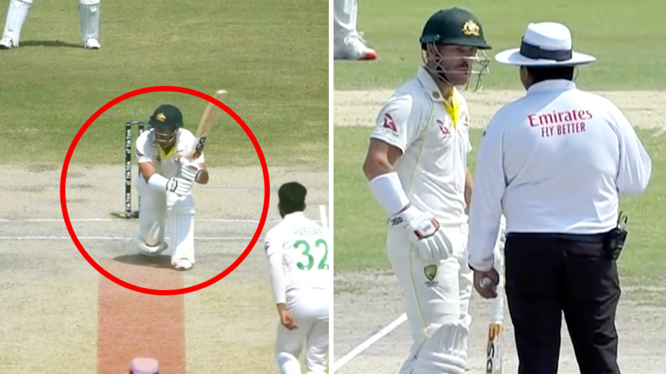 David Warner (pictured left) playing a shot and (pictured right) arguing with the umpire over a rule.