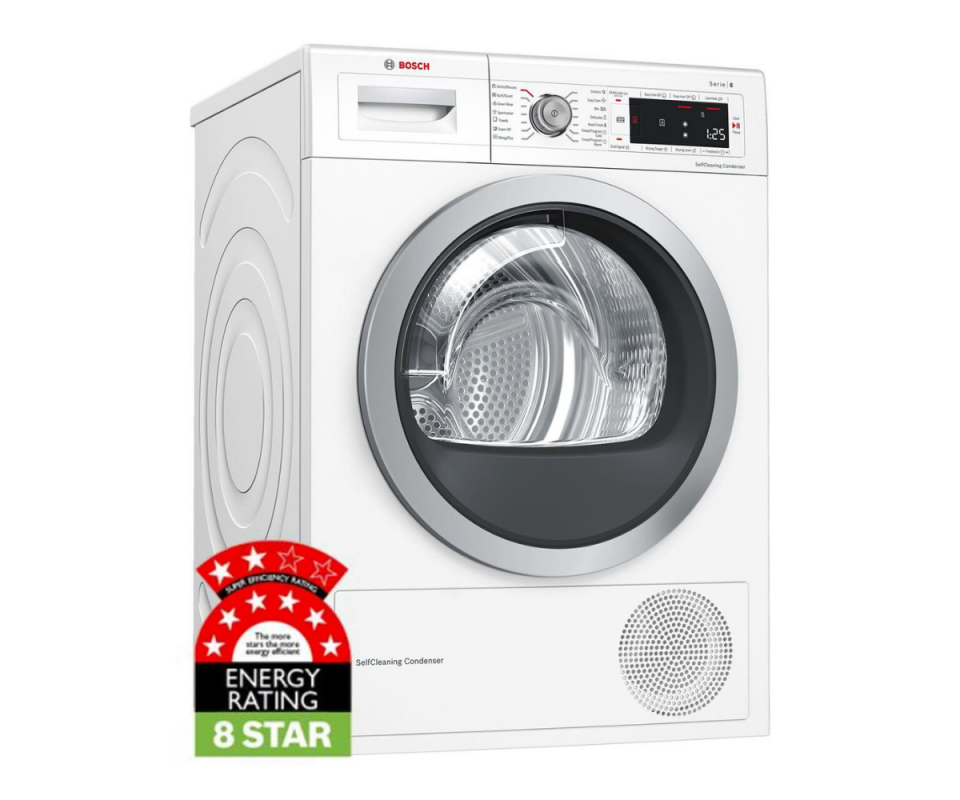 A white Bosch dryer agaisnt a white background.