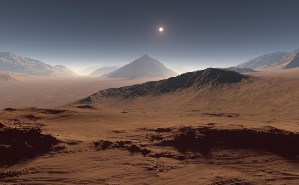 Sunset on Mars. Martian landscape. 3D illustration