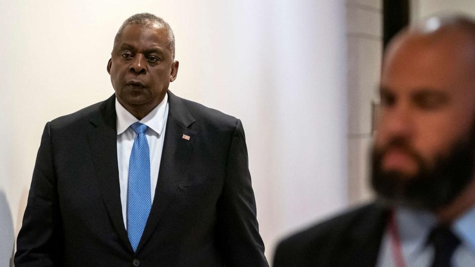 PHOTO: Defense Secretary Lloyd Austin departs a classified briefing for senators on Israel and Gaza at the Capitol in Washington, Oct. 18, 2023. (Nathan Howard/AP)