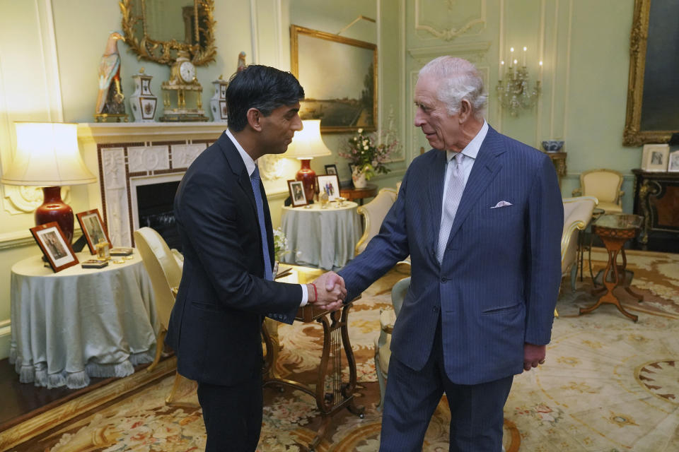 King Charles III, and Britain's Prime Minister Rishi Sunak shake hands during their meeting at Buckingham Palace, London, Wednesday, Feb. 21, 2024. (Jonathan Brady/Pool Photo via AP)