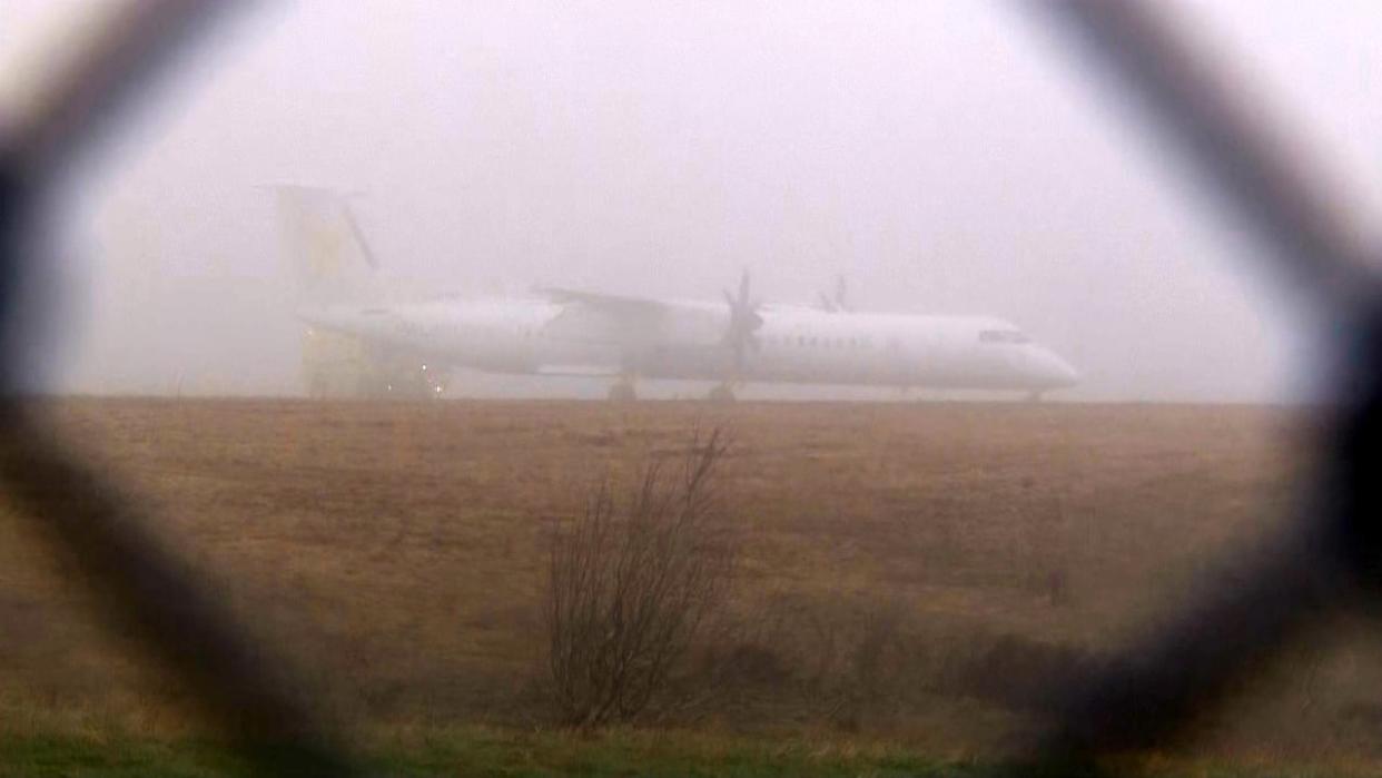 A charter flight leaving St. John's International Airport overran the runway on Wednesday evening. No injuries to passengers or crew have been reported. (Ted Dillon/CBC - image credit)