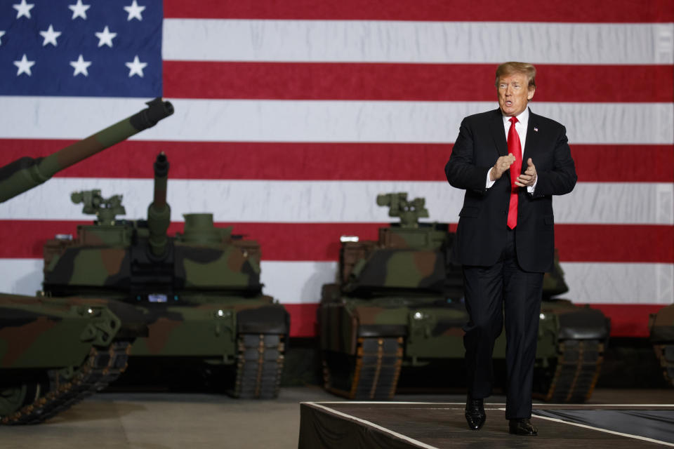 President Donald Trump arrives to deliver remarks at the Lima Army Tank Plant, Wednesday, March 20, 2019, in Lima, Ohio. (AP Photo/Evan Vucci)