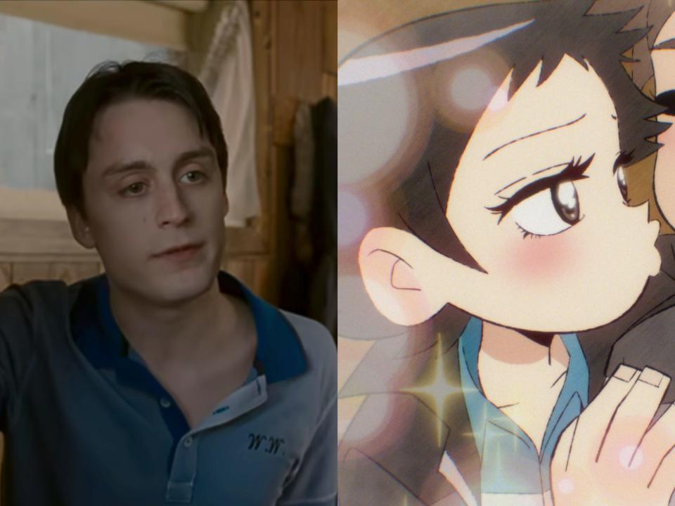 left: kieran culkin as wallace wells in the movie, wearing a blue collared shirt embroidered with his intials; right: wallace in the aniemd sereies, wearing a blue collared shirt and making a kissy face with sparkles all around him