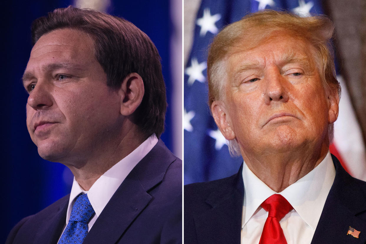 Ron DeSantis speaks to the Republican Jewish Coalition annual meeting at the Venetian in Las Vegas, on Nov. 19, 2022; Donald Trump at a 2024 election campaign event in Columbia, S.C., on Jan. 28, 2023.