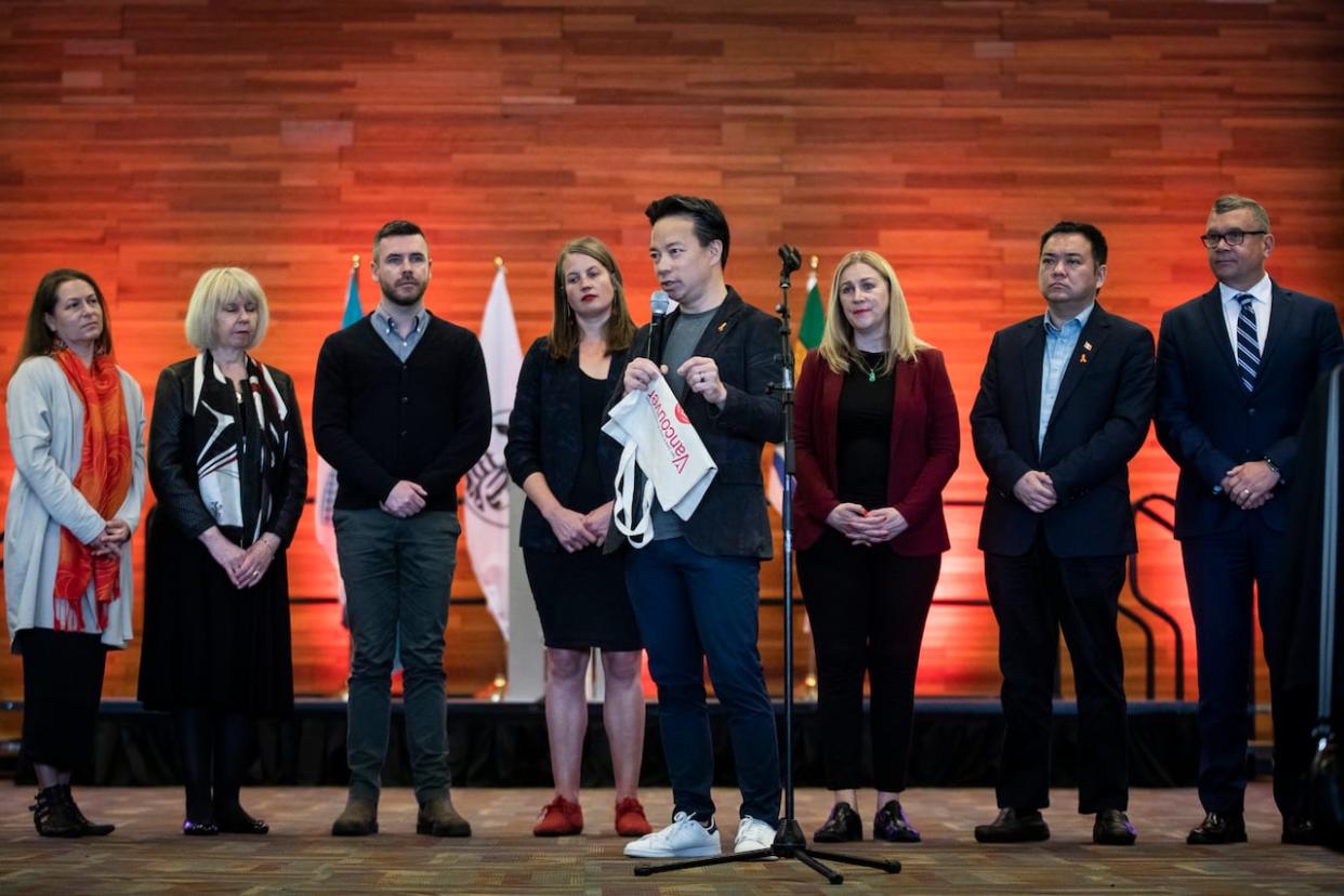 Vancouver Mayor Ken Sim delivers remarks during the City of Vancouver UNDRIP Action Plan unveiling in Vancouver on Friday. (Ben Nelms/CBC - image credit)