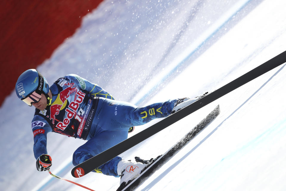 United States' Ryan Cochran Siegle falls during an alpine ski, men's World Cup downhill in Kitzbühel, Austria, Friday, Jan. 22, 2021. (AP Photo/Marco Trovati)