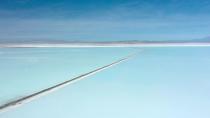 A road crossing the Uyuni Salt Flat in Bolivia