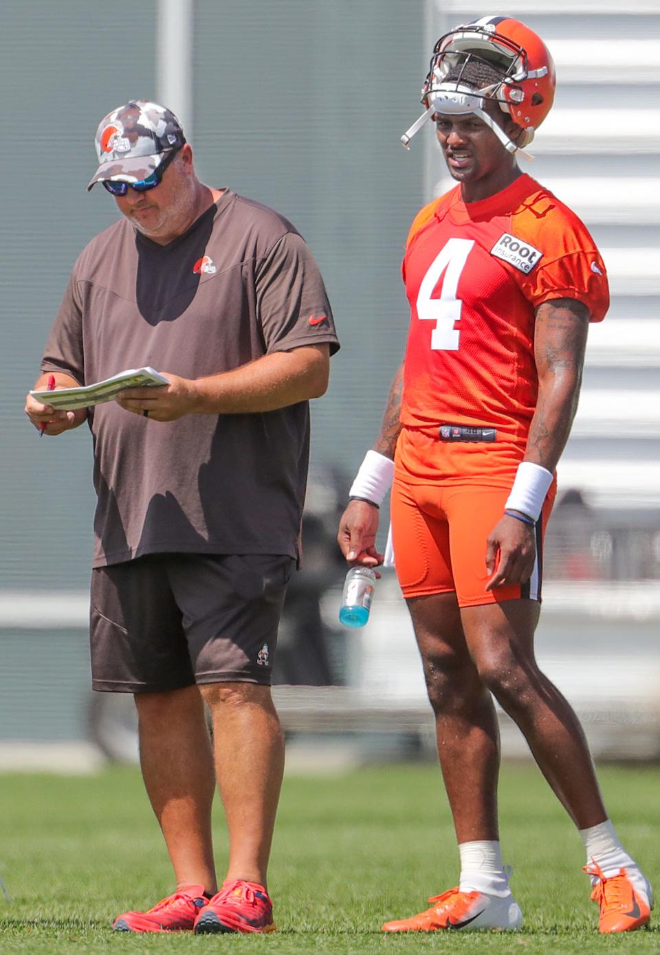 Cleveland Browns  offensive coordinator Alex Van Pelt and quarterback Deshaun Watson on the sidelines during training camp on Saturday, July 30, 2022 in Berea.