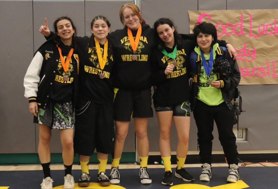 Ventura High wrestlers Hannah Benson (left to right), Haley Padilla, Haven Kenoss, Ava Ramos, and Bela Smith poses with their CIF medals they won at the CIF-Southern Section Central Division Girls Wrestling Individuals at Canyon Springs High on Saturday. Smith won the 143-pound title, Ramos was fourth at 126, Padilla was fifth at 131, Benson was eighth at 111, and Kenoss was eighth at 170. All advanced to the CIF-SS Masters meet.