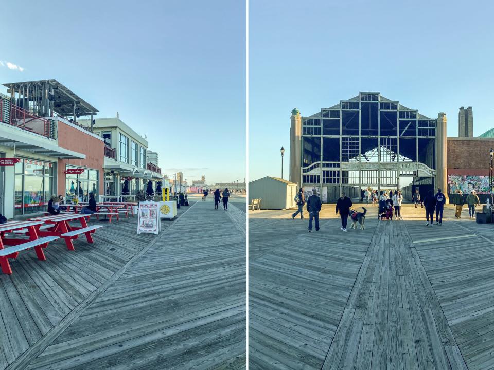 Two images of the boardwalk at the beach in Asbury Park, NJ