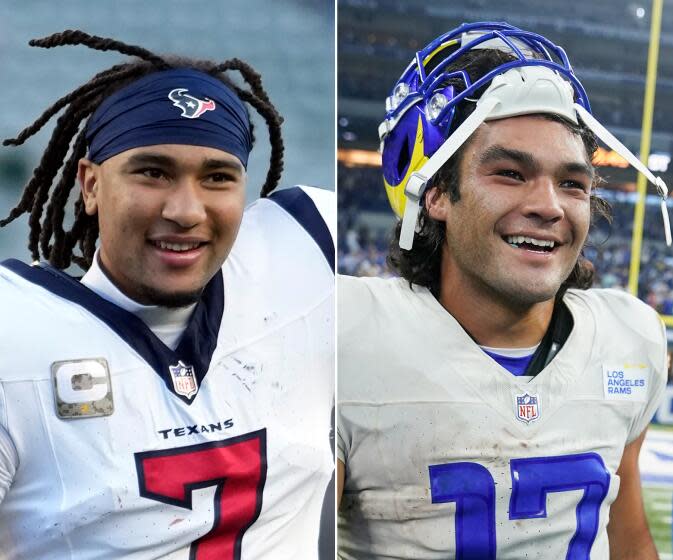 Texans quarterback C.J. Stroud, left, and Rams receiver Puka Nacua are both smiling.