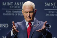 Former Vice President Mike Pence gestures during the "Politics and Eggs" breakfast gathering, Wednesday, Aug. 17, 2022, in Manchester, N.H. (AP Photo/Charles Krupa)