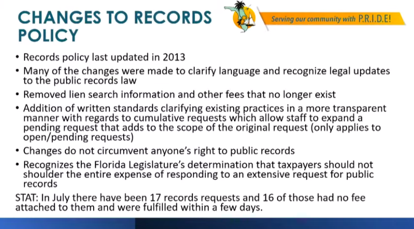 Changes to public records policy as presented by Cocoa's city manager at July 26 meeting.