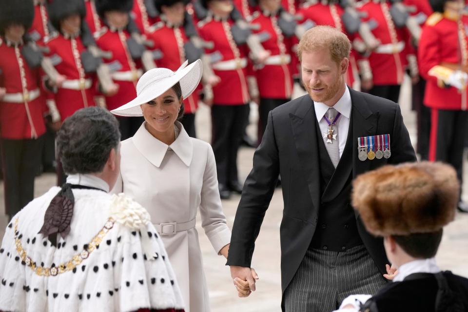 Prince Harry and Meghan, the Duke and Duchess of Sussex arrive for a service of thanksgiving for the reign of Queen Elizabeth II at St Paul's Cathedral in London.