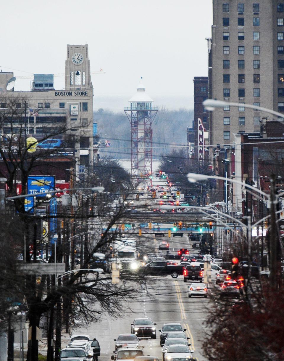 A view of State Street, looking north from 30th Street toward the Bicentennial Tower, center, is shown on Jan. 20, 2023.