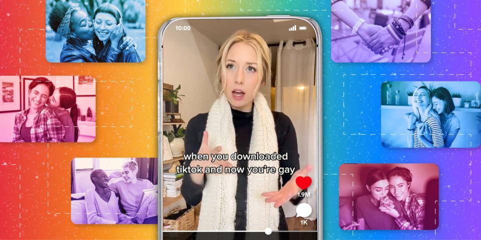 Tiktok video on phone surrounded by images of queer women in front of rainbow background lead 2x1