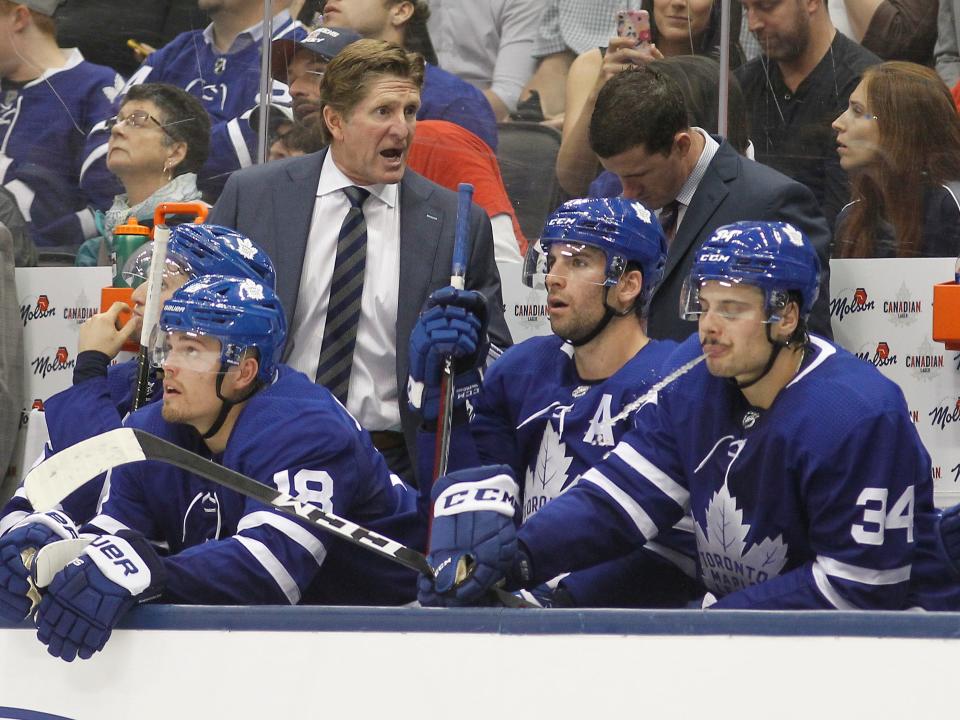 Sep 25, 2019; Toronto, Ontario, CAN; Toronto Maple Leafs    head coach Mike Babcock talks to his players during a game against the Montreal Canadiens at Scotiabank Arena. Toronto defeated Montreal. Mandatory Credit: John E. Sokolowski-USA TODAY Sports