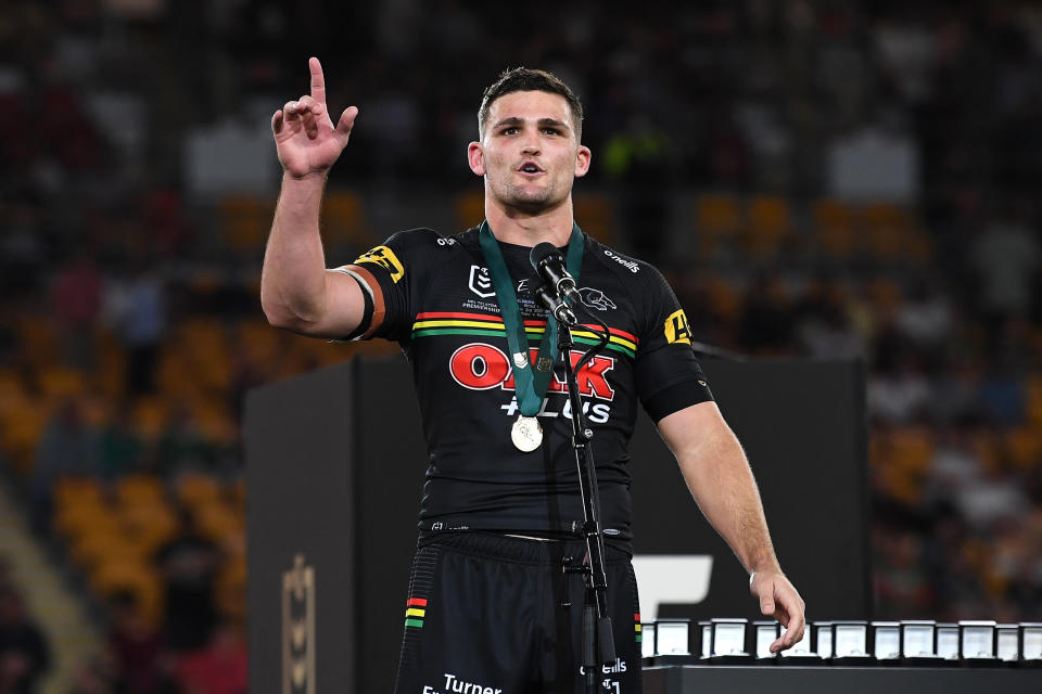 Seen here, Panthers halfback Nathan Cleary celebrates after winning the 2021 Clive Churchill Medal.