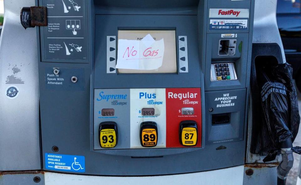 A sign on a pump indicates that doesn’t have gasoline at the Chevron gas station located at 17800 Collins Ave, in Sunny Isles Beach, Florida on Tuesday, April 18, 2023.