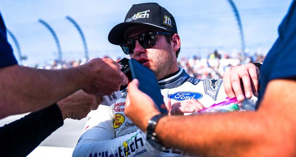 Noah Gragson speaks with reporters post-race at Dover Motor Speedway