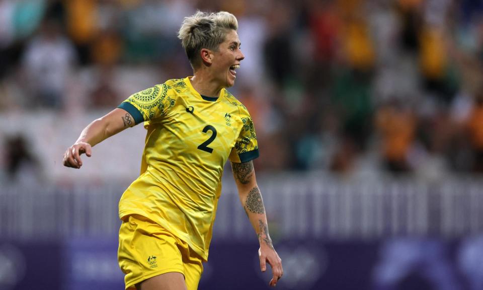 <span>Australia striker Michelle Heyman celebrates after scoring the Matildas’ late winner against Zambia at the 2024 Paris Olympic Games.</span><span>Photograph: Raquel Cunha/Reuters</span>