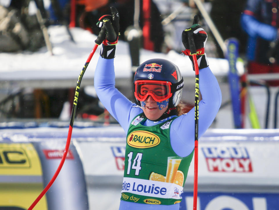 Italy's Sofia Goggia reacts in the finish area following her run in the women's World Cup Super-G ski race at Lake Louise, Alberta, on Sunday, Dec. 5, 2021. (Frank Gunn/The Canadian Press via AP)