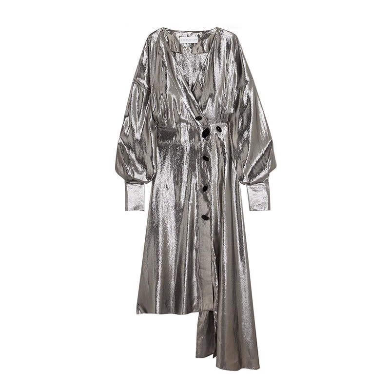 <a rel="nofollow noopener" href="http://rstyle.me/~a9pzY" target="_blank" data-ylk="slk:Silk-Blend Lamé Wrap Dress, Wanda Nylon, $1360;elm:context_link;itc:0;sec:content-canvas" class="link ">Silk-Blend Lamé Wrap Dress, Wanda Nylon, $1360</a>