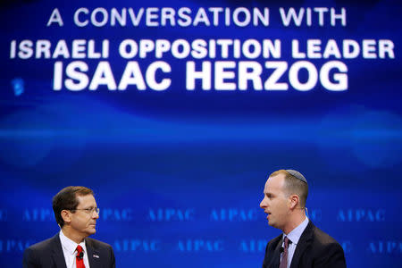 Israeli opposition leader Isaac Herzog (L) is interviewed by Editor-in-Chief of the Jerusalem Post Yaakov Katz at the American Israel Public Affairs Committee (AIPAC) policy conference in Washington, U.S., March 27, 2017. REUTERS/Joshua Roberts