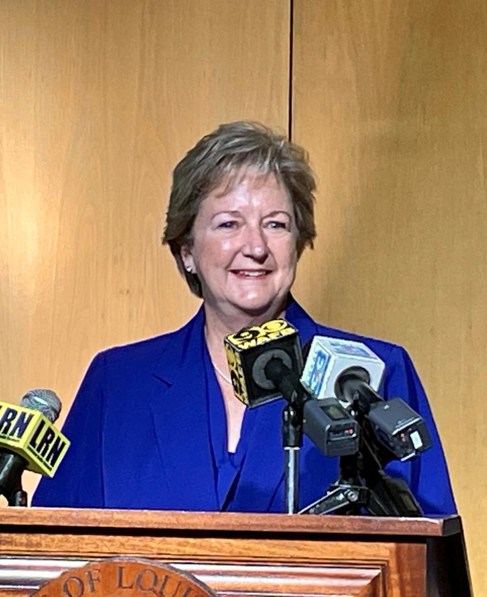 State Sen. Sharon Hewitt addresses reporters on Aug. 9, 2023 at the Louisiana State Archives after qualifying for the 2023 Louisiana governor's race.