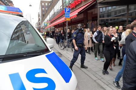 People were killed when a truck crashed into department store Ahlens on Drottninggatan, in central Stockholm, Sweden April 7, 2017. TT News Agency/Jessica Gow/via REUTERS