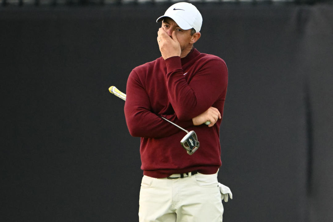 Northern Ireland's Rory McIlroy reacts on the 17th green during his second round, on day two of the 152nd British Open Golf Championship at Royal Troon on the south west coast of Scotland on July 19, 2024. (Photo by ANDY BUCHANAN / AFP) / RESTRICTED TO EDITORIAL USE (Photo by ANDY BUCHANAN/AFP via Getty Images)