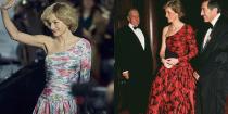 <p>It's likely the show's wardrobe team was inspired by Princess Diana's black and red ruched taffeta evening gown for the floral one-shoulder dress seen in season 4. Both gowns feature full skirts and drop-waists.</p><p><strong>RELATED</strong>: <a href="https://www.goodhousekeeping.com/beauty/hair/news/g4020/princess-diana-hair/" rel="nofollow noopener" target="_blank" data-ylk="slk:Princess Diana's Most Memorable Hairstyles Through the Years;elm:context_link;itc:0;sec:content-canvas" class="link ">Princess Diana's Most Memorable Hairstyles Through the Years</a></p>