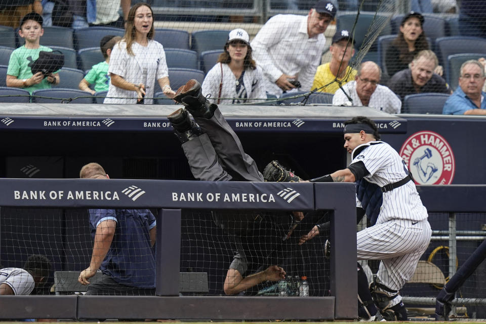 New York Yankees catcher Gary Sanchez, right, watches as home plate umpire Angel Hernandez, center, flips over the railing of the Tampa Bay Rays dugout during the sixth inning of a baseball game Sunday, Oct. 3, 2021, in New York. Gio Urshela caught a foul ball by Austin Meadows for an out on the play. (AP Photo/Frank Franklin II)