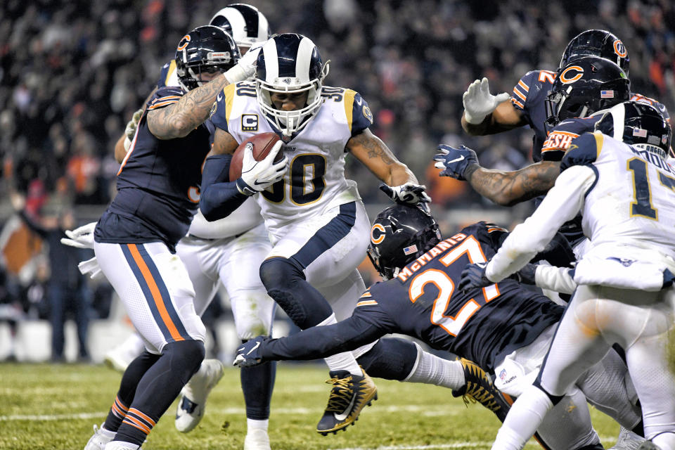 Los Angeles Rams running back Todd Gurley (30) battles with Chicago Bears defensive back Sherrick McManis (27) in action on December 09, 2018 at Soldier Field in Chicago, IL. (Photo by Robin Alam/Icon Sportswire via Getty Images)
