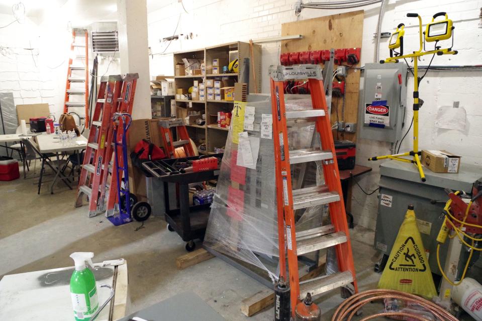 This is the electrical room where a 10-alarm fire started on Feb. 7, 2023 at Brockton Hospital, seen here on Wednesday, Aug. 2, 2023, now with temporary electrical equipment and supplies in place, while a whole new state of the art electrical room is being built nearby.
