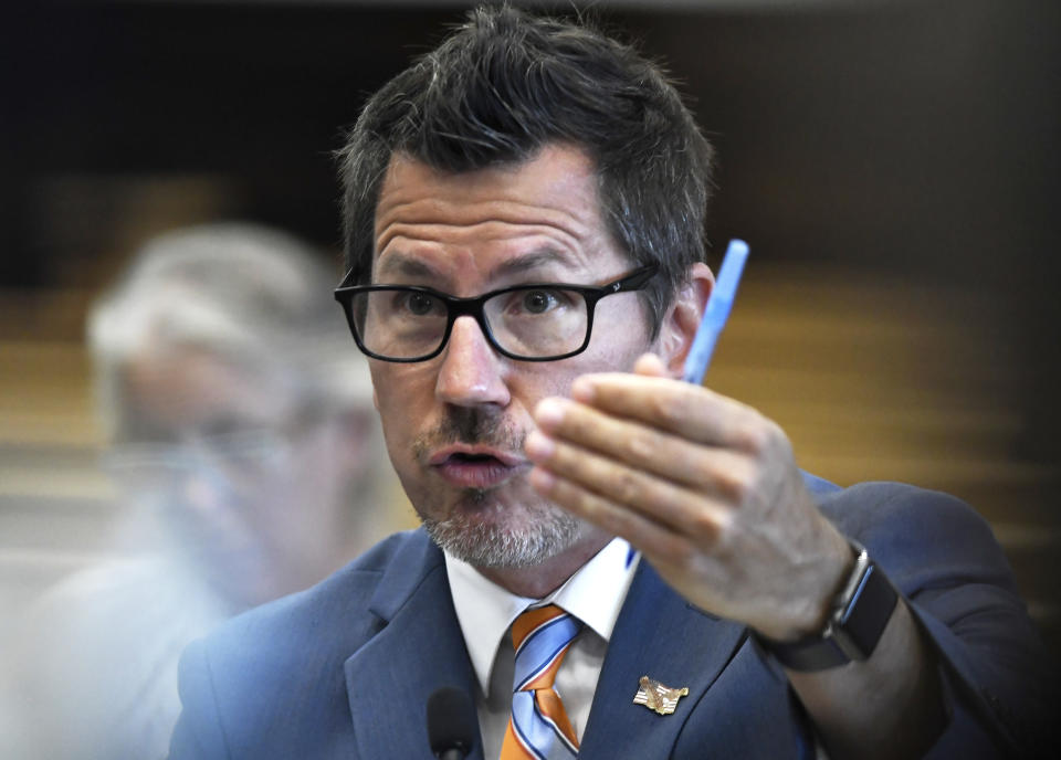 Kenosha County Assistant District Attorney Thomas Binger argues a point during a motion hearing for Kyle Rittenhouse in Kenosha, Wis., on Friday, Sept. 17, 2021. (Sean Krajacic/The Kenosha News via AP)