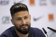 France's Olivier Giroud answers a question during a press conference at the Jassim Bin Hamad stadium in Doha, Qatar, Tuesday, Dec. 6, 2022. France will play against England during their World Cup quarter-final soccer match on Dec. 10. (AP Photo/Christophe Ena)